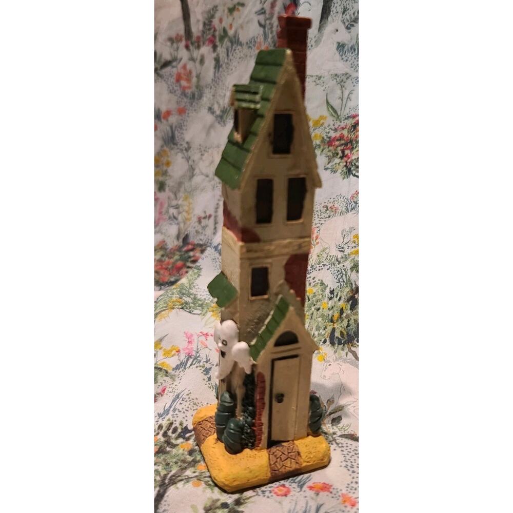 Halloween Resin Tall Skinny Home with Ghost And pumpkin 6-1/4" Tall